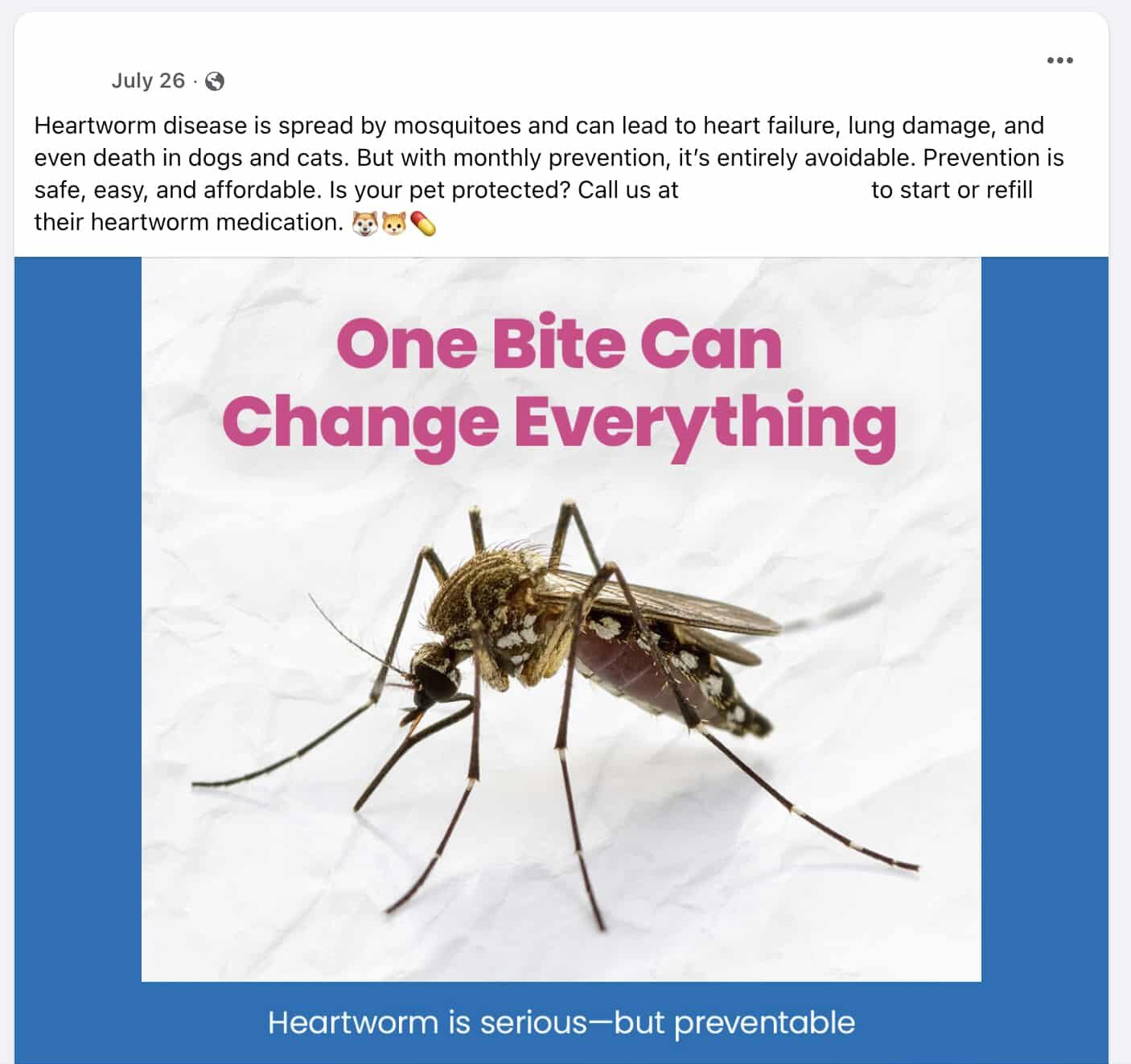A close-up of a mosquito on a white surface, with the text "One Bite Can Change Everything" above and "Heartworm is serious—but preventable" below.