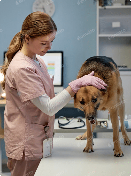 A female veterinarian wearing pink scrubs and gloves examines a German Shepherd standing on an exam table in a veterinary clinic.