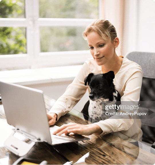 A woman sits at a desk working on a laptop with a black and white dog on her lap in a bright, modern office.