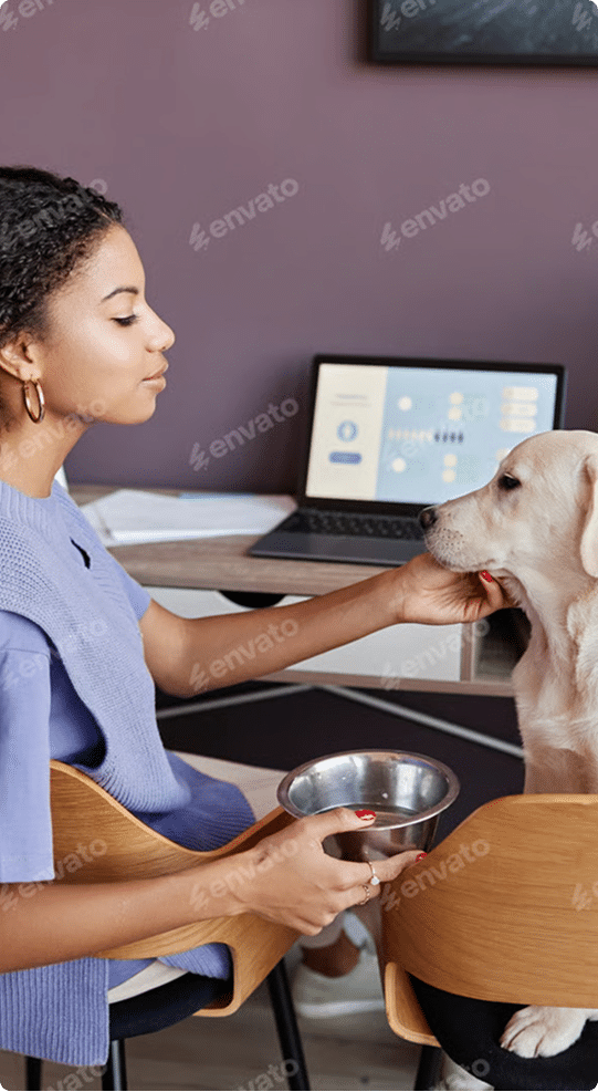 A woman holds a metal bowl and gently pets a dog sitting on a chair in front of a desk with a laptop.