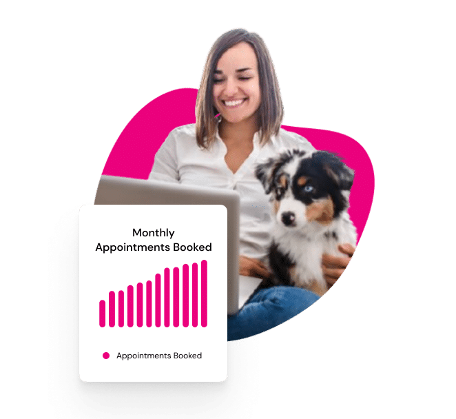 A woman smiles at a laptop with a dog on her lap. In the foreground, a chart shows a steady increase in monthly appointments booked.