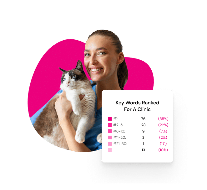 A woman holds a cat and smiles, with a chart in the foreground showing keyword rankings for a clinic by percentage and number.