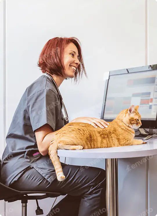 vet tech working on website with her cat