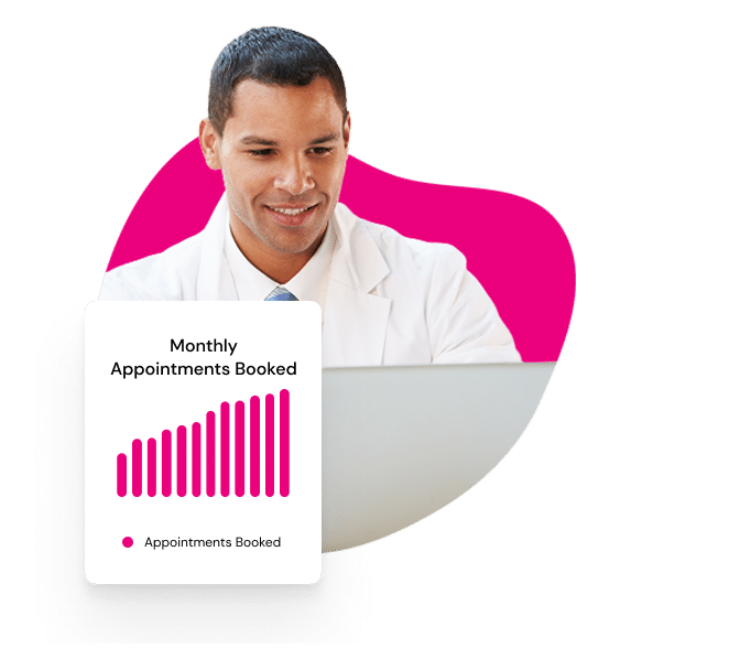 A doctor looking at a laptop, with an overlaid chart showing a steady increase in monthly appointments booked.
